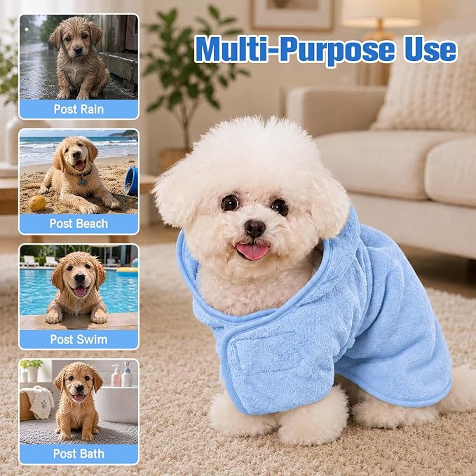 Dog Bathrobe Towel with Hood Super Absorbent Pet Bath Robe for Small Medium Dogs Quick Drying Doggy Bath Towel Coat with Adjustable Waistband Soft Pet Grooming Robe (Blue, M(up to 14lbs))