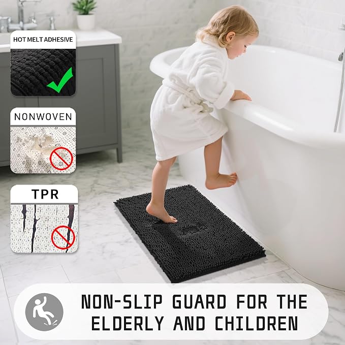 Yimobra Large Bathroom Rugs 36"x24", Non Slip Bath Mat for Tub, Shaggy Rug Floor Carpet, Extra Soft Super Absorbent Quick Dry, Machine Washable,Black