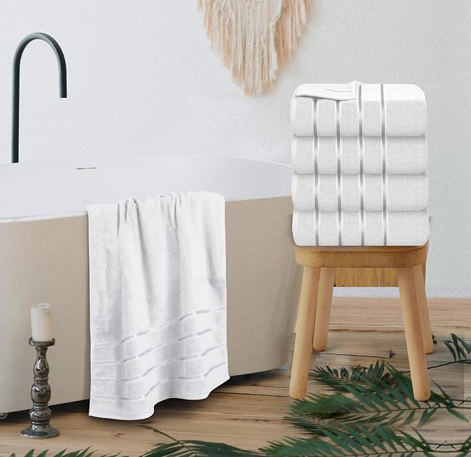 Luxury Bath Towels Set of 4, 27x54 Inches 600GSM 100% Cotton Ring Spun – Hotel Quality, Highly Absorbent - Viscose Stripe Bath Towel Sets (White)