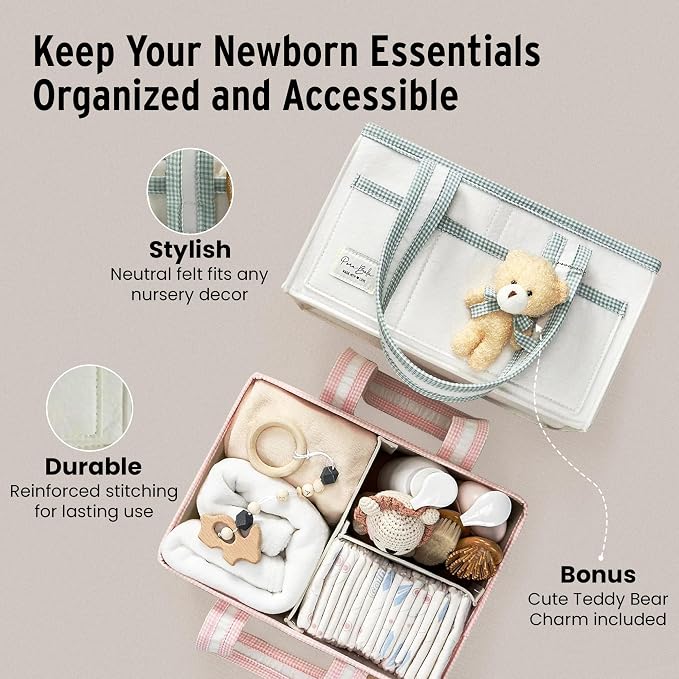 PeraBella Baby Diaper Caddy Organizer, Baby Basket Shower Gift Caddy, Portable Felt Changing Table Basket, Nursery Storage Bin, Newborn Boy and Girl Essentials for Registry, Car Diaper Organizer