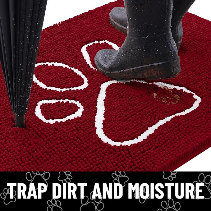 Smiry Dog Door Mat for Muddy Paws, Absorbent Dirt Trapper Non Slip Quick Dry Washable Chenille Mat for Mud Dogs, Entry Rug for Indoor and Outdoor (48x30 Inches, Red and White)