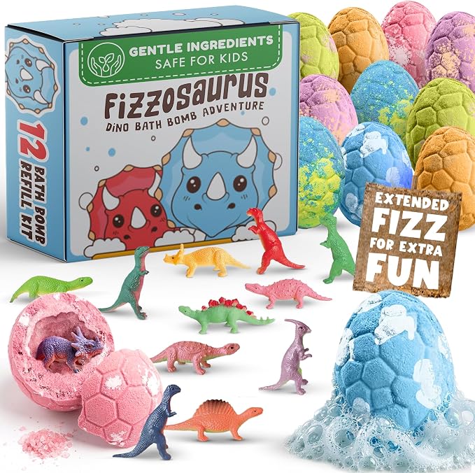 Bath Bombs for Kids with Surprise Toys Inside -12 Pack Dinosaur Bath Bombs Gift Set, Dino Egg Bubble Bath Fizzies, Dinosaur Toys for Kids 3 4 5 6 7 8 9 Years, Easter Basket Stuffers Birthday Gifts