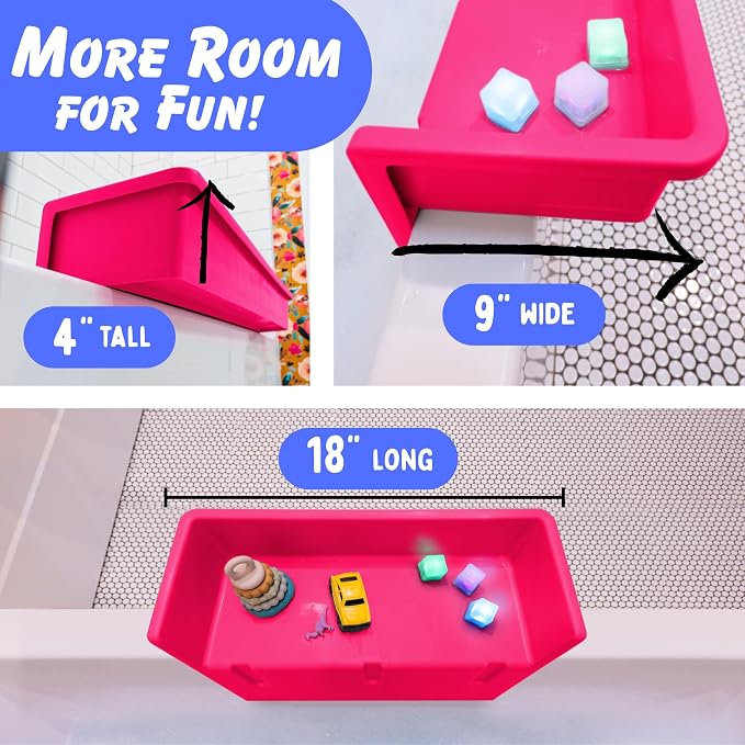 Tub Topper Mini Bathtub Splash Guard & Bath Shelf for Kids - Toy Tray, Pink | Toddler Storage Ledge, Patented Lip Design, Non-Silicone, BPA-Free, Easy to Remove & Clean, Made in USA