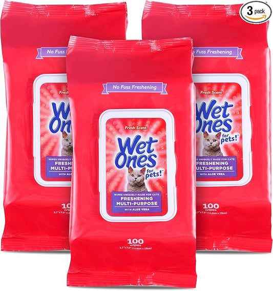 Wet Ones for Pets Freshening Multipurpose Wipes for Cats With Aloe Vera, 100 ct - 3 Pack | Easy to Use Cat Cleaning Wipes, Freshening Cat Grooming Wipes for Pet Grooming in Fresh Scent| Cat Wipes
