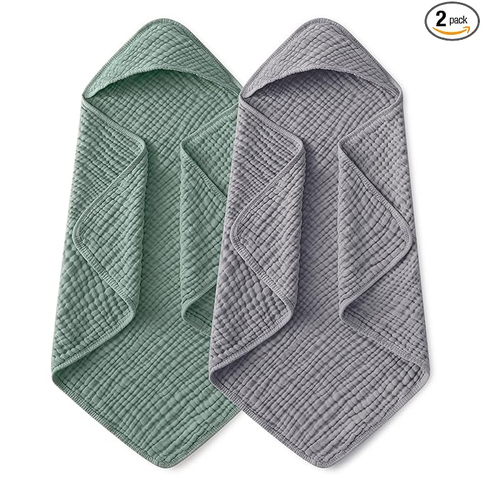 Yoofoss Hooded Baby Towels for Newborn 2 Pack 100% Muslin Organic Cotton Baby Bath Towel with Hood for Babies, Infant, Toddler and Kids,37.5"x37.5",Soft and Absorbent Newborn Essential,Grey&Dark Green