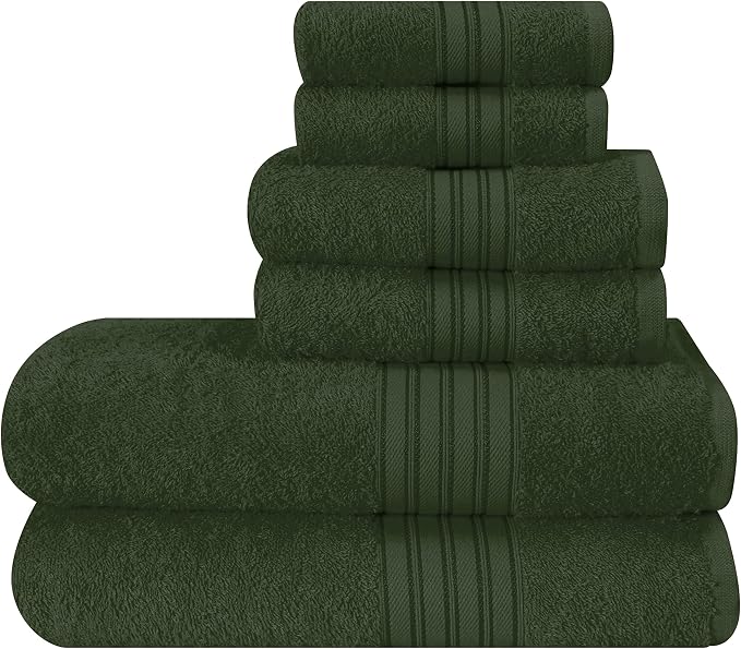 BOUTIQUO 6 Pack Cotton Towel Set, Contains 2 Bath Towels 28x55 inch, 2 Hand Towels 16x24 inch & 2 Wash Coths 12x12 inch, Ideal Everyday use, Ultra Soft Compact & Lightweight - Olive Green