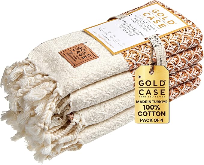 Gold CASE Turkish Hand Towels for Bathroom Set of 4 – 100% Cotton Bathroom Towels – Helen Kitchen Small Towel for Spa, Face, Tea & Dishcloth – Decorative Patterned Weave – Orange
