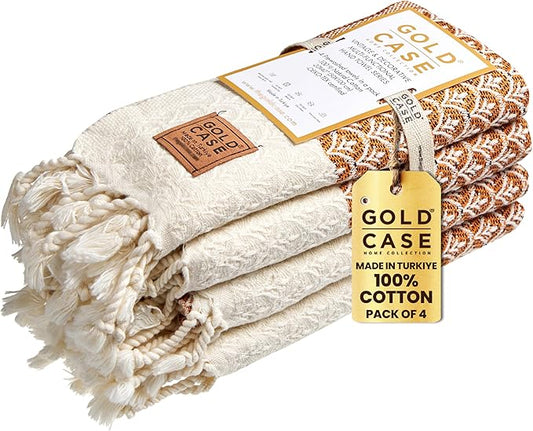 Gold CASE Turkish Hand Towels for Bathroom Set of 4 – 100% Cotton Bathroom Towels – Helen Kitchen Small Towel for Spa, Face, Tea & Dishcloth – Decorative Patterned Weave – Orange