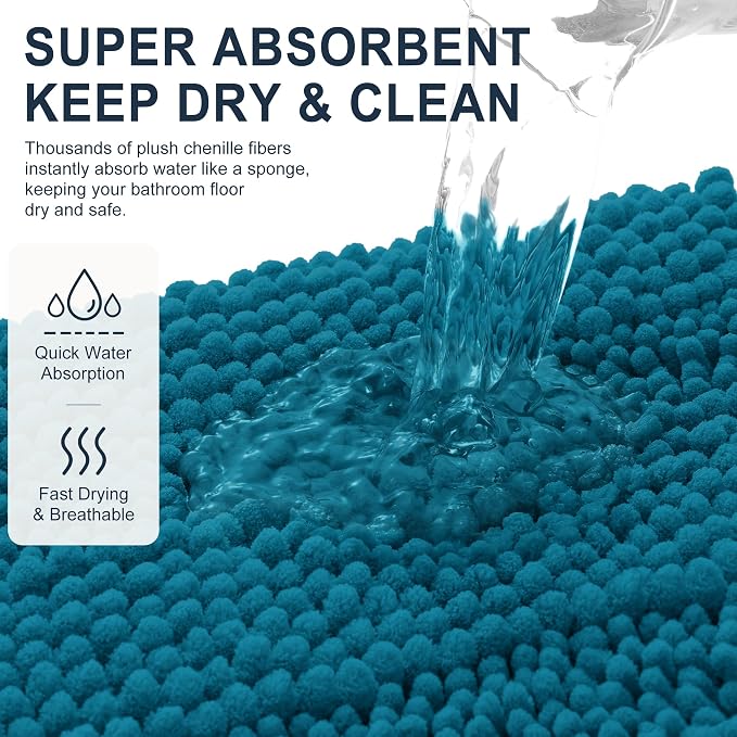 Smiry Thick Chenille Bathroom Runner Rugs 59x20, Absorbent Striped Bath Mat, Machine Washable, Rubber Backing, Extra Long Bath Rugs for Tub & Shower, Modern Home Decor Accessories, Peacock Blue