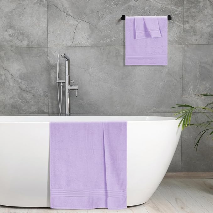 BOUTIQUO Ultra Soft 3 Pack Cotton Towel Set, Contains a Bath Towels 28x55 inch, a Hand Towels 16x24 inch & a Wash Coths 12x12 inch, Ideal Everyday use, Compact & Lightweight - Purple