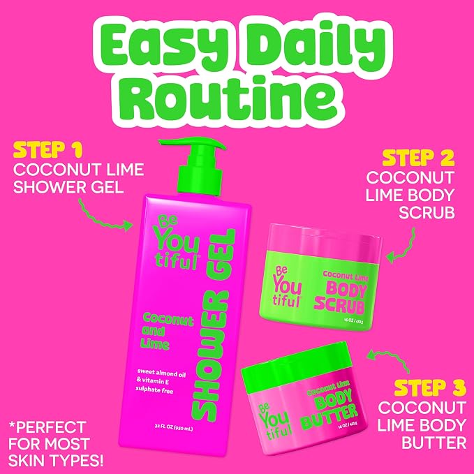 BeYoutiful Coconut Lime Body Wash Soap for Teens and KIds, Shower Gel, 32oz | Moisturizing Natural Ingredients for Sensitive Skin, Hydrating Shower Gel, Cruelty Free Teen Tween Girl Skin Care