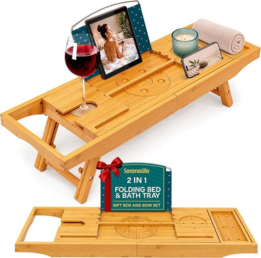 SereneLife 2 in 1 Bed and Bath Tray - Foldable Bamboo Bathtub Caddy with Adjustable Length, Non-Slip, Device Holder, Wine Glass Slot, Expandable for Comfortable Bathing, Natural, Standard, Folding Set