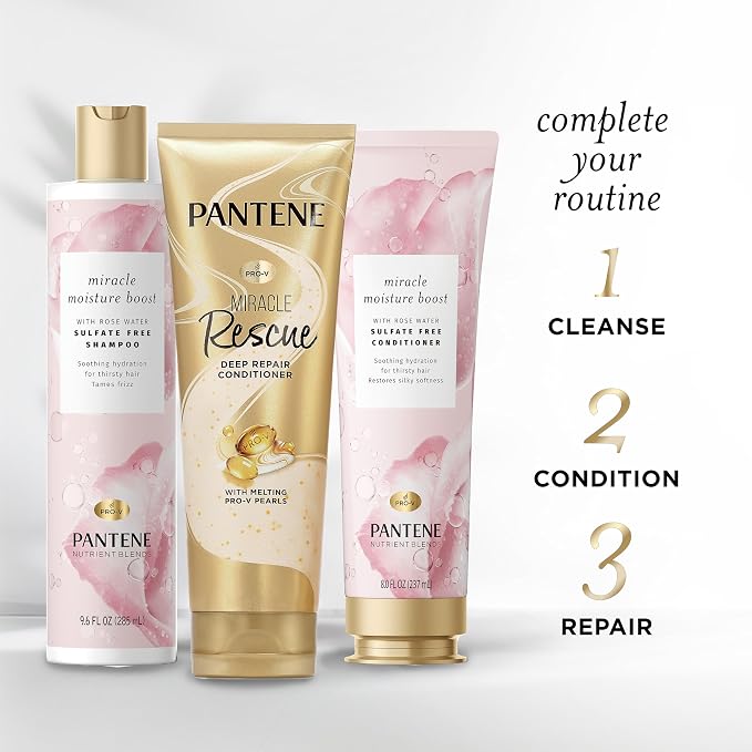 Pantene Nutrient Blends Miracle Moisture Boost Rose Water Shampoo & Conditioner Dual Pack for Dry Hair, Sulfate Free (Pack of 4)