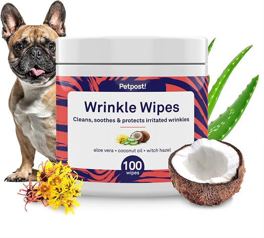 Petpost Wrinkle Wipes for Dogs | 100 Count Dog Face & Wrinkle Cleaner | Gentle Pet Wipes with Coconut Oil for Bulldogs, Pugs & Wrinkly Breeds | Dog Cleaning & Deodorizing Wipes