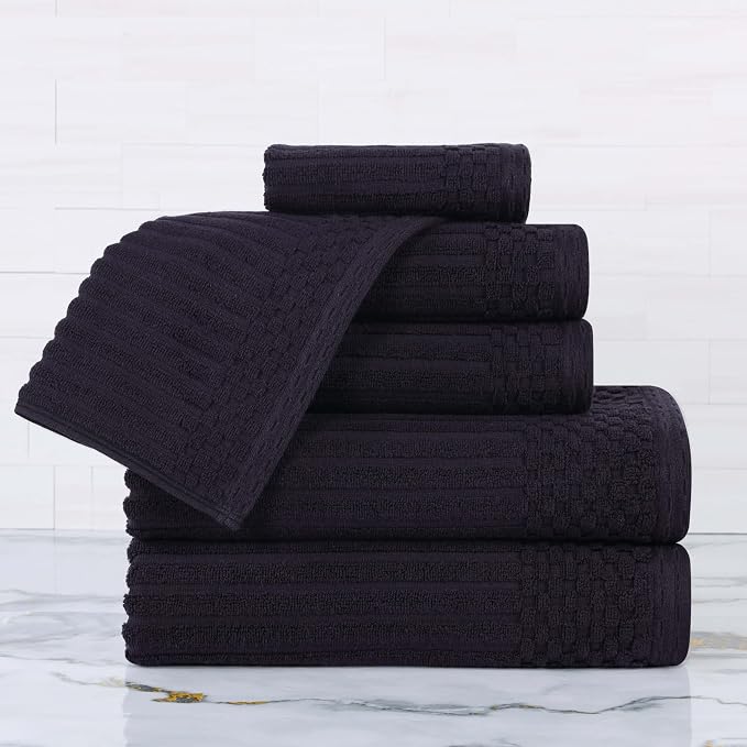 Superior 6 Piece Cotton Towel Set, Includes 2 Bath Towels, 2 Hand Towels, 2 Face Towel/Washcloths, Daily Use for Bathroom, Guest Bath, Ribbed, Absorbent, Home Essentials, Soho Collection, Black
