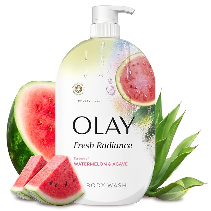 Olay Body Wash for Women, Fresh Radiance, 24/7 Skin-Loving Freshness, Visibly Radiant, Plant Based Cleansers, Vitamin B3 & Antioxidant Blend, For All Skin Types, Watermelon & Agave Scent, 35 fl oz