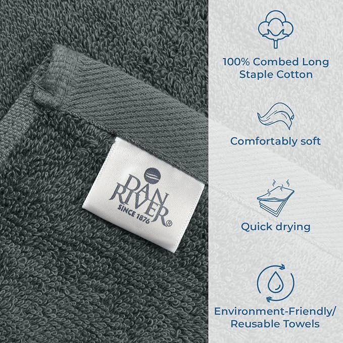 DAN RIVER Large Bath Towels Set of 4, 27 x 54 Inches, 600 GSM Larger & Lighter Weight Towels for Bathroom - Highly Absorbent & Quick Dry 100% Cotton Bath Towel Set for Home, Gym, Spa & Hotel - Gray