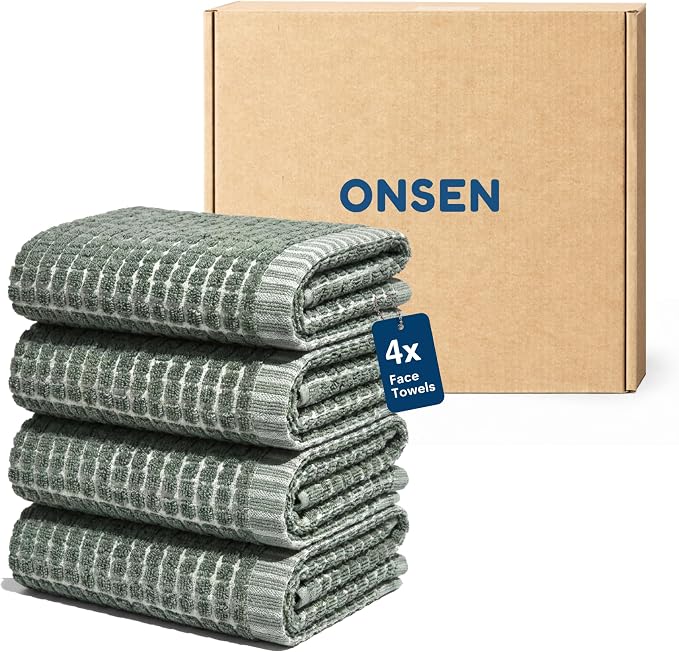 ONSEN Sculpted Terry Face Towels, 100% American Cotton, Quick Dry Lint Free, Lightweight Absorbent Face Towel Set, 12x12 in (Spruce, 4X Face Towel)