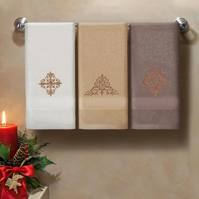 FuWeave 3 Pcs Vintage Brown Hand Towels Fancy Decorative Bathroom Towels 13.3 x 29.5'' Luxury Damascus Embroidered 100% Cotton Soft Absorbent for Bathroom Kitchen Boho Decor
