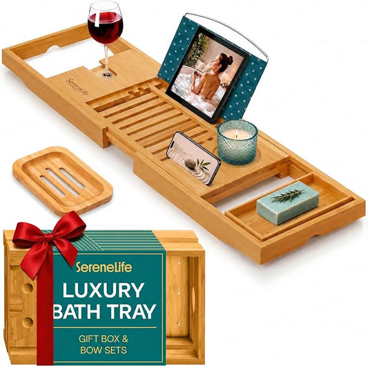 SereneLife Premium Bathtub Tray Caddy with Gift Box and Bow Set, Expandable Bath Tray, Unique House Warming Gifts for Mom, Women, Wedding, Anniversary, Bridal Shower, Fit for All Tub - Natural