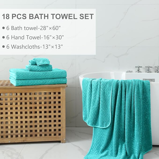 Smuge 18-Piece Bath Towel Set, Include 6 Bath Towel Sheets, 6 Hand Towels and 6 Washcloths - Highly Absorbent Quick Dry 100% Microfiber,Ultra Soft Bathroom Towel Set (Sea Blue)