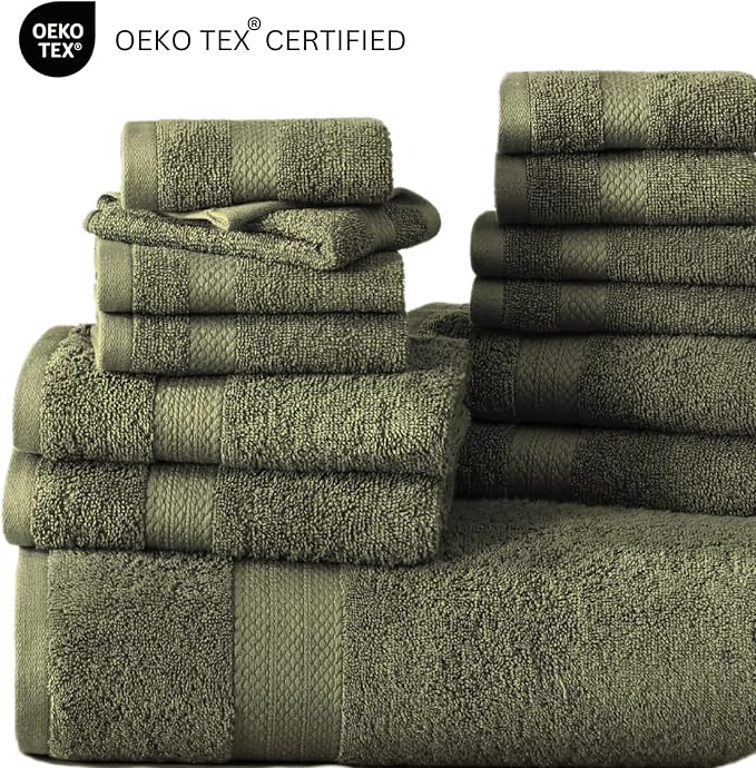 LANE LINEN 100% Cotton Bath Towel Set of 18 - Softer, High Absorbency & Durable - 4 Bath, 8 Wash Cloth, 6 Hand Towels for Bathroom - Premium Look, Spa Quality, Solid Dyed Towels - Oil Green