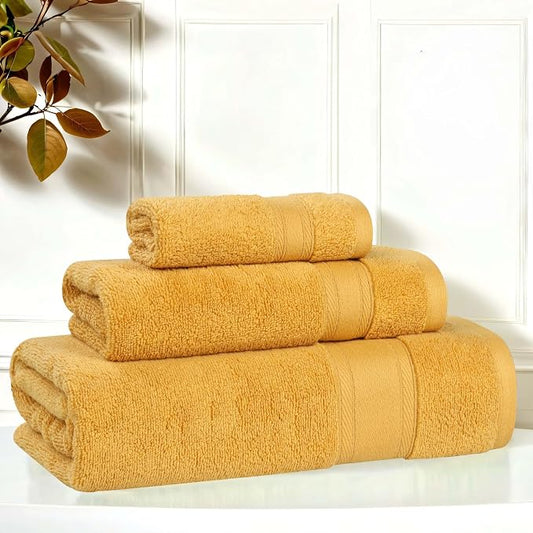 Superior Belmont Zero Twist Cotton Medium Weight Towels, for Guest Bath, Bathroom, Shower, Spa, Plush, Quick Dry, Ultra-Soft Towels, Bath Essentials, Thick Border, 3 Piece Assorted Towel Set, Gold