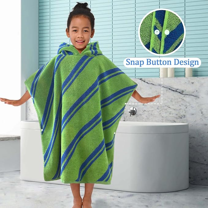 VOOVA & MOVAS Kids Hooded Poncho Towels (4-8Years,27.5"x27.5"),100% Cotton Soft Absorbent Towel for Boys,Perfect for Bathroom | Pool | Beach | Swimming, Jacquard Green Stripe