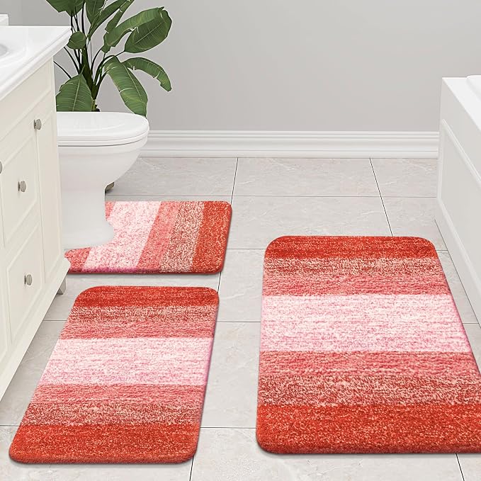Arotive Microfiber Bathroom Rugs, Shaggy Soft and Absorbent Contour Toilet Rugs, Thick Plush Machine Washable Dry Bath Mats for Toilet Base, 24x16, Coral, Rectangular
