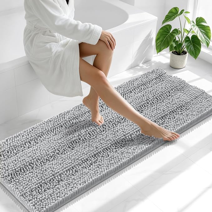 Smiry Thick Chenille Bathroom Runner Rugs 59x20, Absorbent Striped Bath Mat, Machine Washable, Rubber Backing, Extra Long Bath Rugs for Tub & Shower, Modern Home Decor Accessories, Light Grey