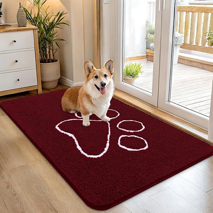 OLANLY Dog Door Mat for Muddy Paws 45x27, Paw Print Design, Absorbs Moisture and Dirt, Absorbent Non-Slip Washable Doormat, Quick Dry Chenille Mud Mat for Dogs, Entry Indoor Entryway Carpet, Burgundy