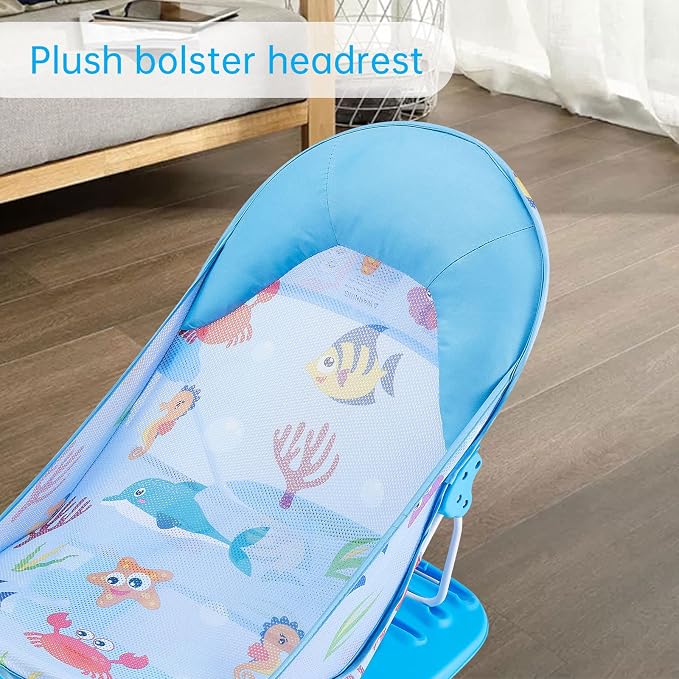 Baby Bath Seat 3 -in- 1 Foldable Sitting or Lying Baby Bath Support Anti-Slip with Adjustable 3 Reclining Positions Bath Lounger for Newborn Use in the Bathtub or Sink (Blue, 60cm*33cm*35cm)
