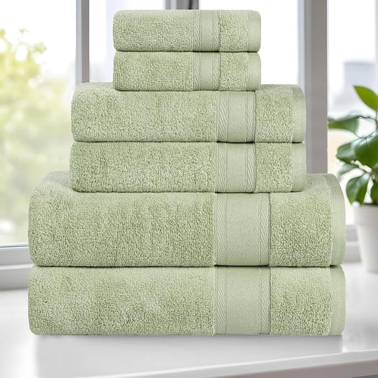 Superior Belmont Zero Twist Cotton Medium Weight Towels, for Guest Bath, Bathroom, Shower, Spa, Plush, Quick Dry, Ultra-Soft Towels, Bath Essentials, Thick Border, 6 Piece Assorted Towel Set, Green