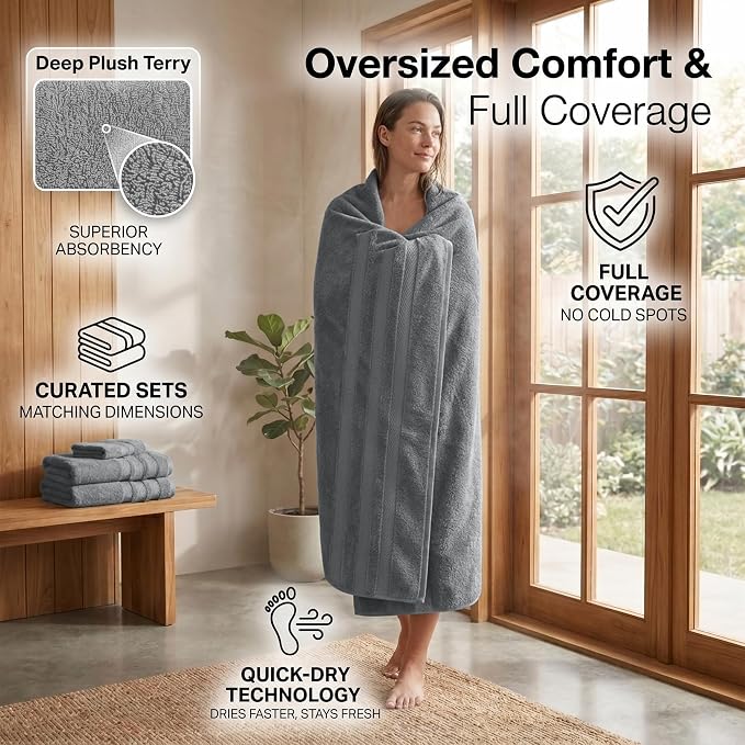 RIVERSIDE Pack of 2 Extra Large Bath Sheets 35 x 70 Inches, 100% Ring Spun Cotton, Hotel Quality, Oversized Bath Towels, Super Soft, Highly Absorbent & Quicker to Dry, Grey