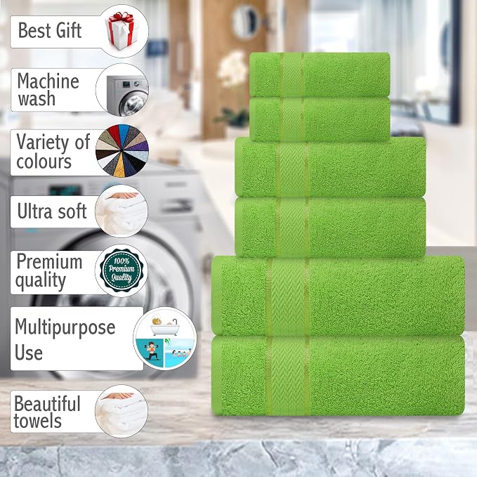 Bath Towels Set-100% Cotton-2 Towels, 2 Hand & Washcloths-Large, Quick Dry, Absorbent, Soft Plush-Home, Spa, Hotel, Pool, Shower -6 Piece Luxury Bathroom - Parrot Green