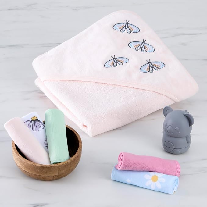 Evolur Supple Spa Kit with Towel, Includes Supple Baby Spa Set, Complementary Good Knight Hooded Towel & 5-Piece Washcloth Set in Pink, Spa Set Includes Bath Tub, Hammock Seat and Metal Frame