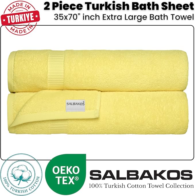 SALBAKOS 2-Piece 100% Turkish Cotton Extra Large Bath Towel 35x70 inch | Premium Hotel Quality Bath Sheet Towels | Thick, Soft, Absorbent, Oversized Bath & Beach Towels (Yellow, 2 Bath Sheets)