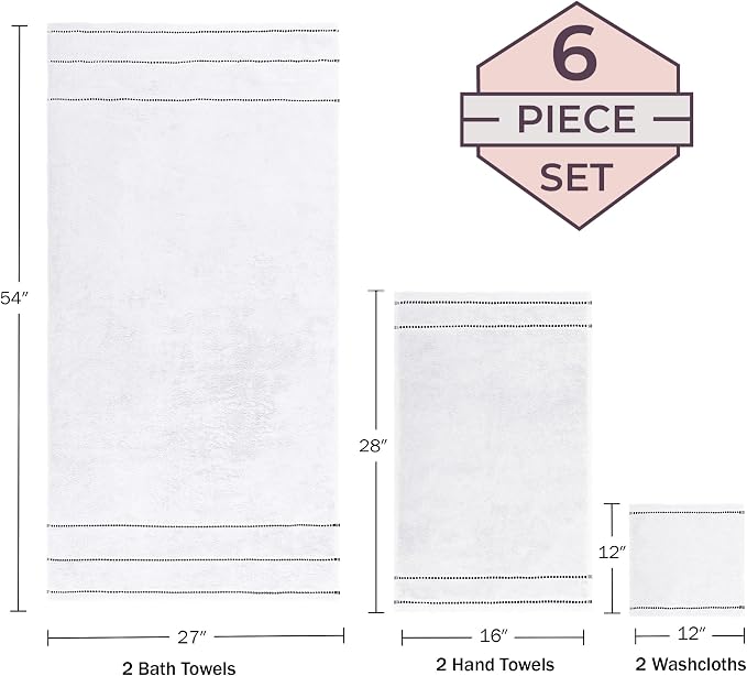 Lavish Home 6 Piece Bathroom Towels Set - 525GSM 100% Cotton Bathroom Essentials - 2 Bath Sheets, 2 Hand Towels, and 2 Wash Cloths for Bath, Shower, Gym, Spa, and Dorm Room (White)