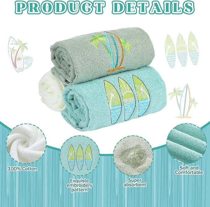 Hahafelt 3 Pack Summer Surfboard Hand Towels for Bathroom 100% Cotton Embroidered Beach Bathroom Towels 13.78 x 29.53 Inch Soft Absorbent (Green Series, Surfboard)