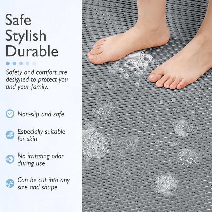 Extra Large Non-Slip Shower Mat, Fast-Dry PVC Bath Stall & Tub Mat, Drain-Hole Design,for Shower Stall Tub for Elderly/Kids，Non Slip Bathroom Safety Accessory，Gray 16"x24"