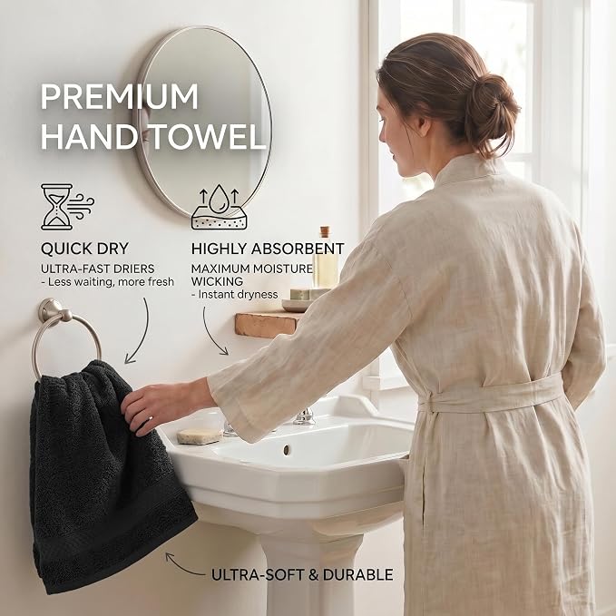 RIVERSIDE 6-Pack Premium Hand Towels Set, 16x28 inches, 100% Ring Spun Cotton, Super Soft, Quicker to Dry and Highly Absorbent, Towels for Bathroom, Kitchen, Gym, Spa, Black