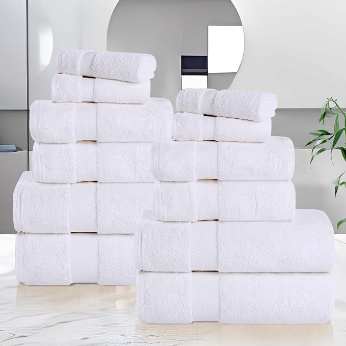 Superior Zero Twist Cotton 12 Piece Assorted Towel Set, Includes 4 Bath, 4 Hand, 4 Washcloth/Face Towels, Quick Dry, Home Essentials, Shower, Spa, Luxury Plush Soft Absorbent Towels, White