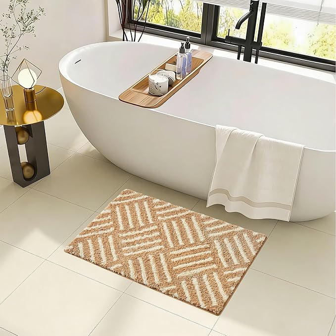 ORTIGIA Striped Khaki Bathroom Rugs Non Slip Washable, 20x30 Quick Dry Absorbent Soft Plush Microfiber Bath Mats, Bath Rugs for Bathroom Floor Carpet for Sink Bedroom