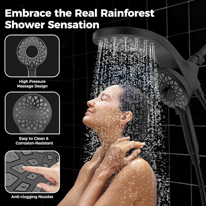 High Pressure Rain Shower Head with Handheld Spray Combo: Detachable Dual Shower Head with 10 Sprays Modes - Upgrade Knob Spray Mode Selector and Magnetic Guidance Docking System