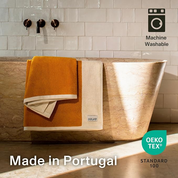 Everlayer Luxury Bath Sheets - Reversible 2 in 1 Design, 35"x 70", Sets of 2, 550 GSM - 100% Combed Cotton, Ultra Soft, Thick Bath Sheets, Made in Portugal (Amber Charcoal-Janus)