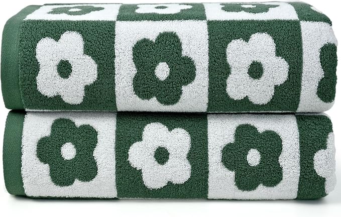 Jacquotha 2-Pieces Luxury Bath Towels Checkered Floral, Green Towels for Women Girls Shower Body 27.5x55 Inches, Cute Bathroom Decor, Cotton