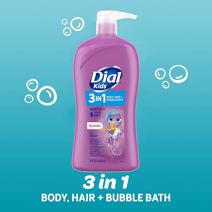 Dial Kids All-in-1 Body + Hair + Bubble Bath, Lavender Scent, 32 Fl Oz, Hypoallergenic Body Wash & Shampoo, No Tears Formula for Kids 2+ Years, No Parabens & Silicones (Pack of 2)