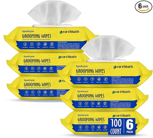 earthbath, Hypo-Allergenic Grooming Wipes - Fragrance Free Dog Wipes for Paws and Butt, Best Pet Wipes for Dogs with Sensitive Skin, Made in USA, Cruelty-Free Dog Cleaning Wipes - 100 Count (6 Pack)