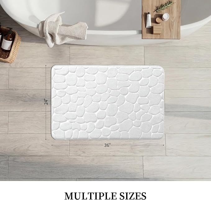 YIHOUSE Memory Foam Bath Mat Cobblestone Bathroom Rugs Super Water Absorbent Bath Mats for Bathroom Machine Washable Bath Rugs(24 x 36,White)