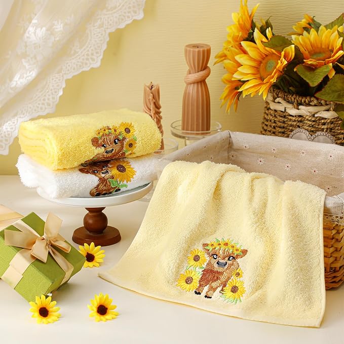 FuWeave 3 Pcs Sunflower Highland Cow Hand Towels Embroidered Highland Cow Farmhouse Yellow Decorative Bathroom Towels for Bathroom Kitchen Decor, 100% Cotton, 13.3 x 29.5''